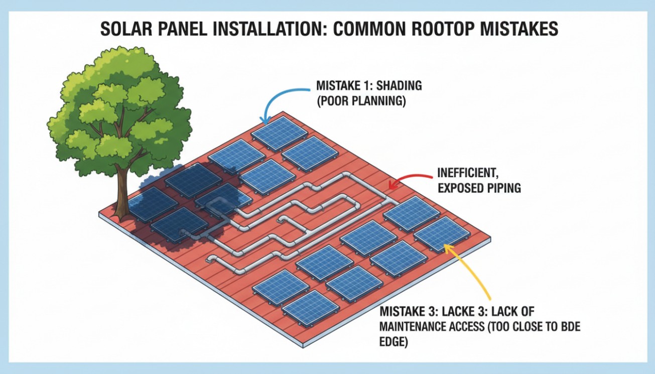 Common rooftop mistakes in flat plate solar collector installation showing shading, inefficient exposed piping, and lack of maintenance access